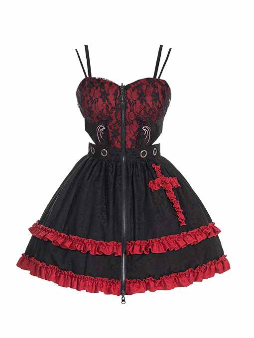 Cross Design Gothic Jumper Skirt Cutout Detail Tiered Skirt and Ruffle Trim