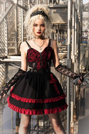 Cross Design Gothic Jumper Skirt Cutout Detail Tiered Skirt and Ruffle Trim